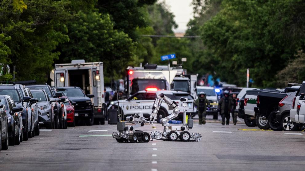 PHOTO: Anti-bomb robotics are put into place following an incident involving multiple injuries that the FBI is investigating, June 1, 2025, in Boulder, Colorado.