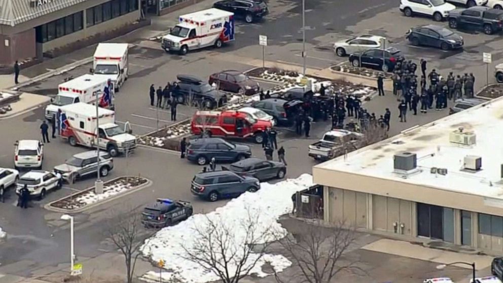 PHOTO: Ambulances and responders gather near the site of a reported shooting in Boulder, Colo., March 22, 2021.
