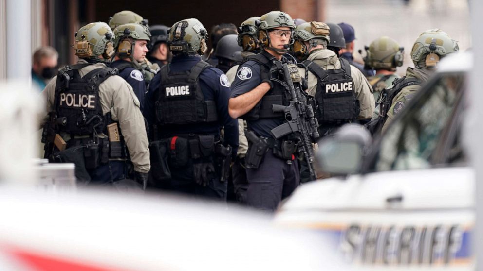 PHOTO: Police outside a King Soopers grocery store where a shooting took place March 22, 2021, in Boulder, Colo.