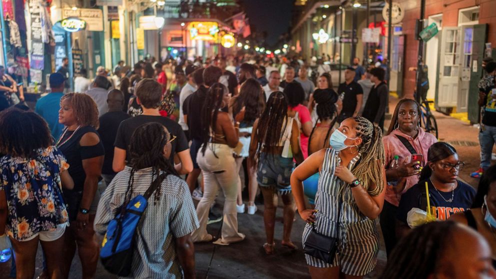 PHOTO: People congregate on Bourbon Street, as Louisiana's coronavirus disease (COVID-19) cases rise amid Delta variant, in New Orleans, July 23, 2021.