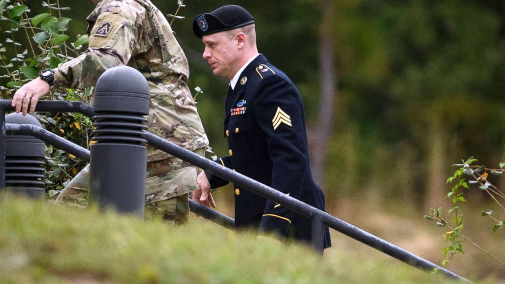 Sgt. Bowe Bergdahl, right, arrives for a motions hearing, Oct.16, 2017, at Fort Bragg in Fayetteville, North Carolina.