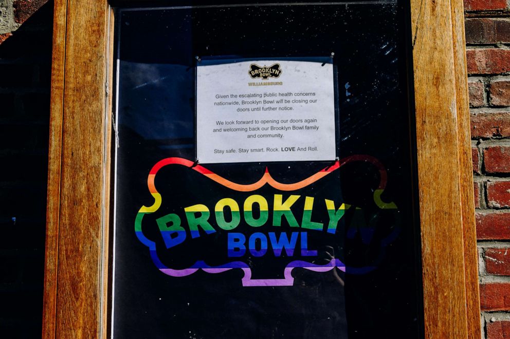 PHOTO: The Brooklyn Bowl bowling alley and music venue stands closed in Brooklyn, N.Y., April 22, 2020.