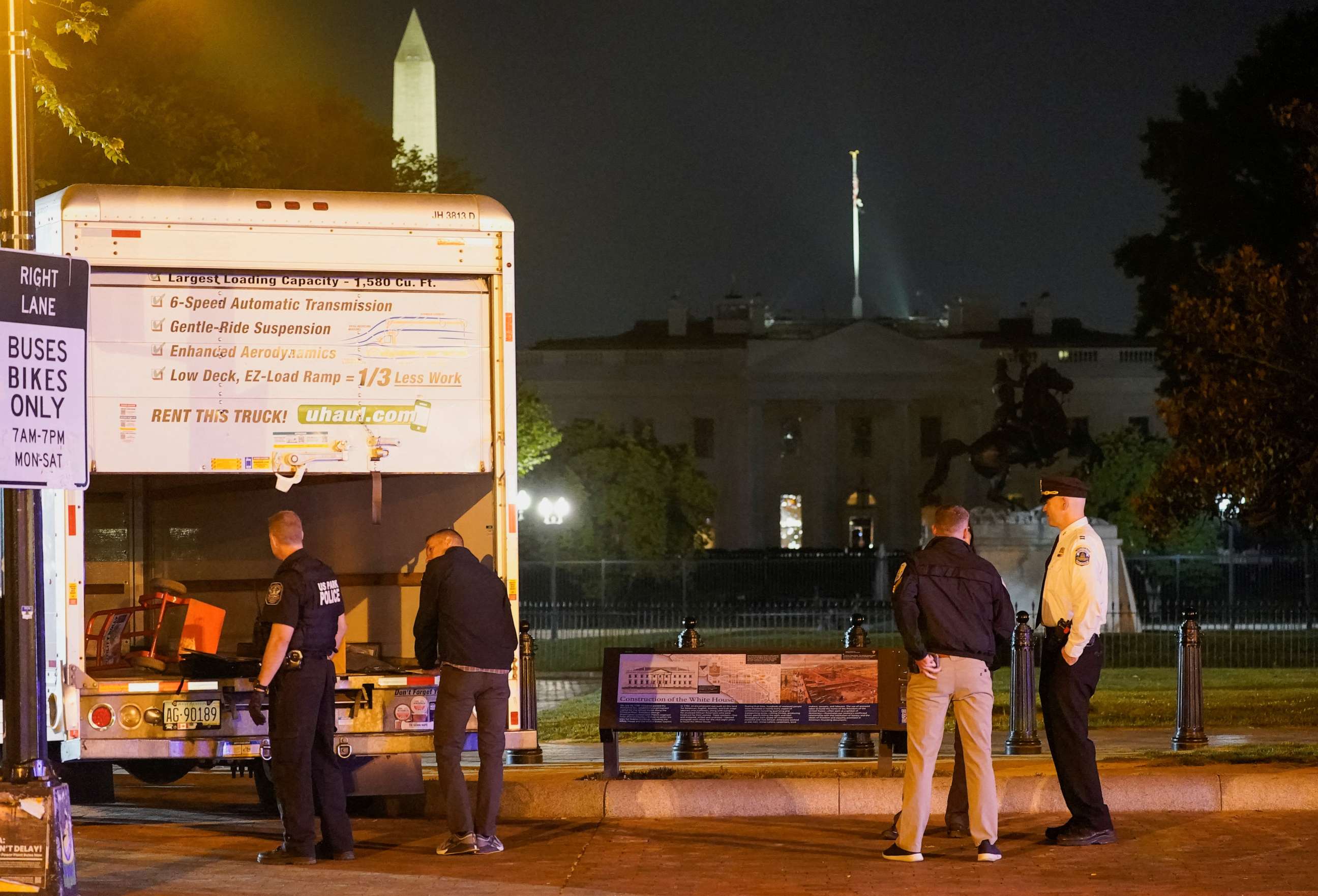 PHOTO: The U.S. Secret Service and other law enforcement agencies investigate a rented box truck that crashed into security barriers at Lafayette Park across from the White House in Washington, May 23, 2023.