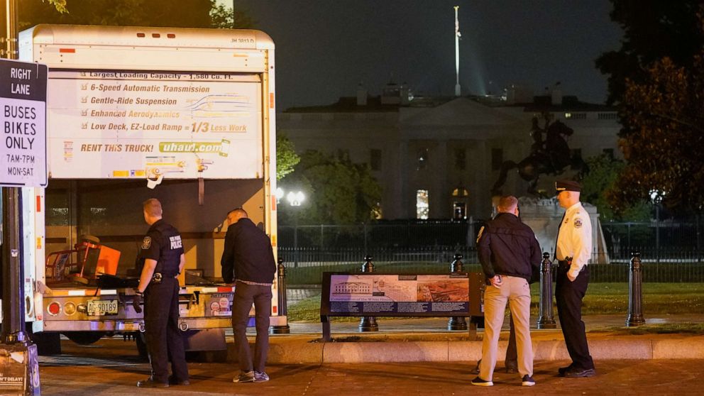 PHOTO: The U.S. Secret Service and other law enforcement agencies investigate a rented box truck that crashed into security barriers at Lafayette Park across from the White House in Washington, May 23, 2023.