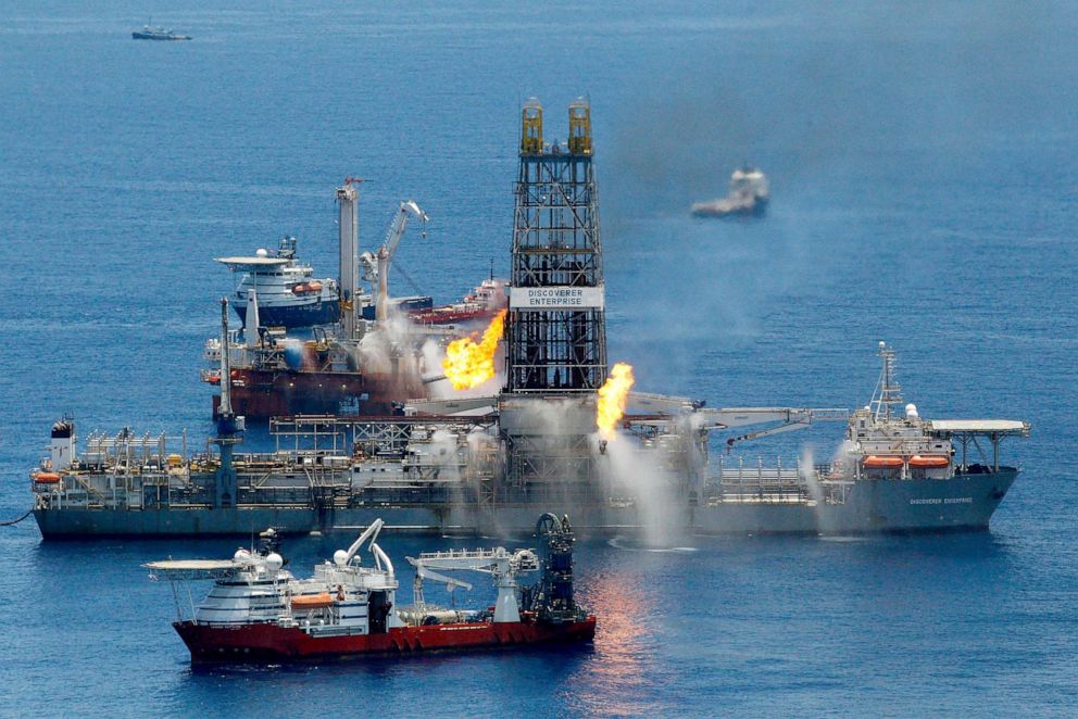 PHOTO: The Transocean Discoverer Enterprise drillship burns off gas collected at the BP Deepwater Horizon oil spill in the Gulf of Mexico off the coast of Louisiana on June 25, 2010.