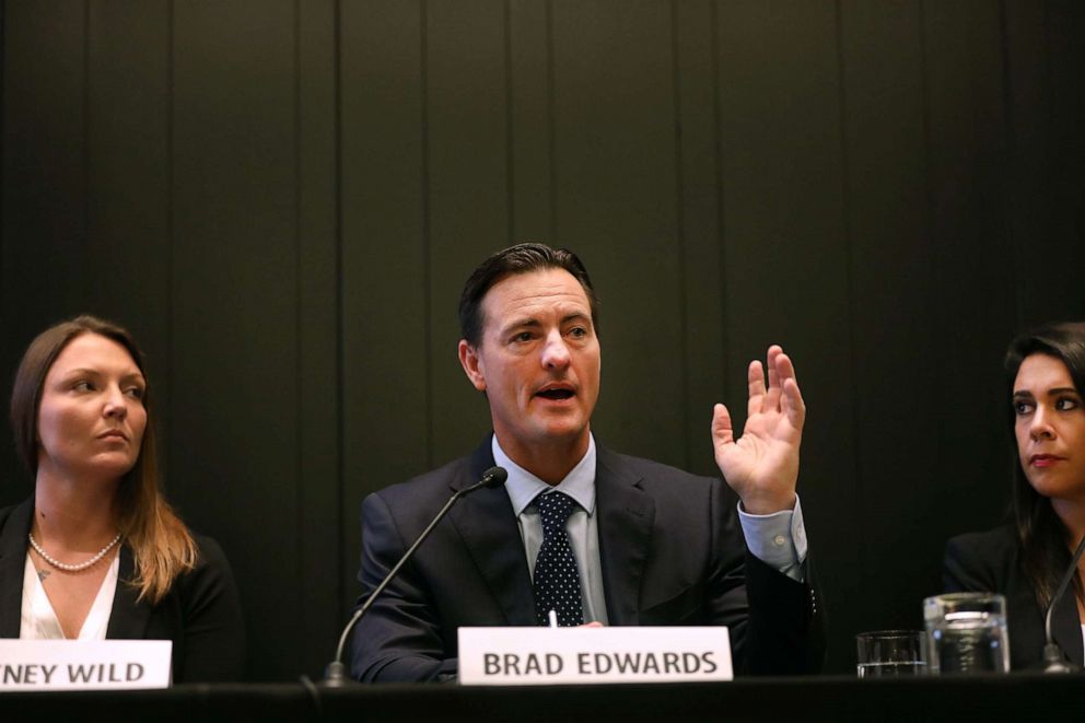 PHOTO: Lawyer Brad Edwards, representing Courtney Wild sitting at left, speaks at a news conference about the Jeffrey Epstein case, July 16, 2019, in New York City.