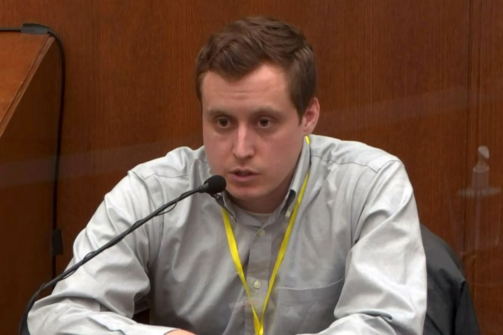 PHOTO: Emergency room doctor at the Hennepin County Medical Center Dr. Bradford Wankhede Langenfeld answers questions on the sixth day of the trial of former Minneapolis police officer Derek Chauvin in Minneapolis, Minnesota, April 5, 2021.