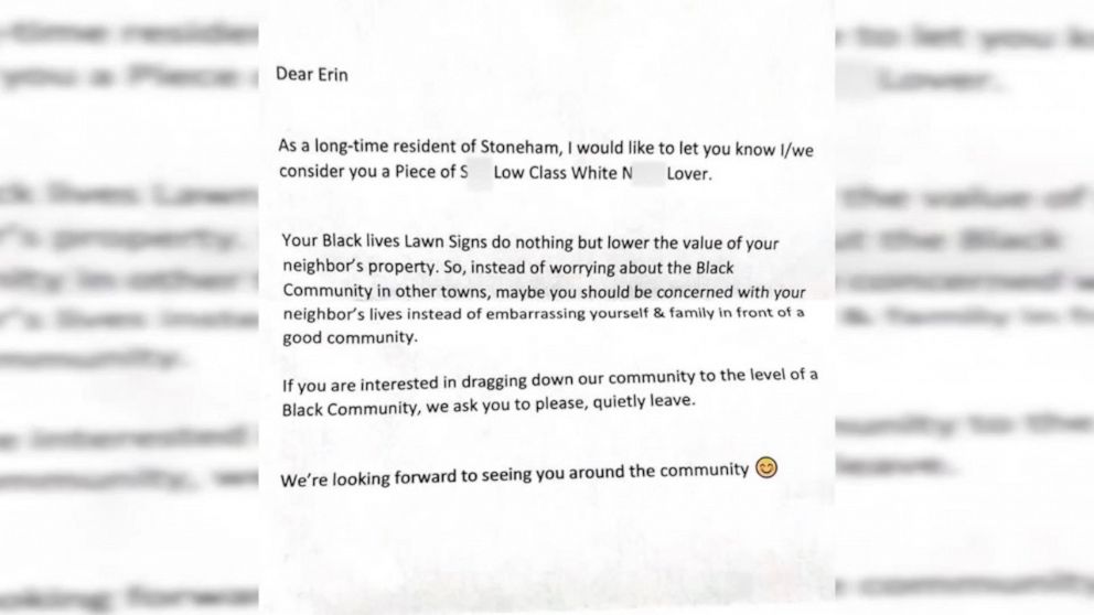 PHOTO: An anonymous letter was alleged sent to Dr. Erin Tracy Bradley after she posted Black Lives Matter signs on her lawn in Stoneham, Mass.