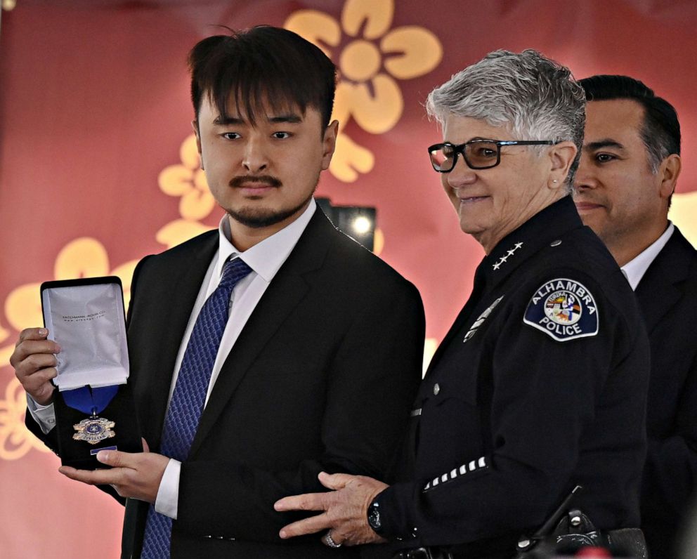PHOTO: Brandon Tsay holds the Alhambra Police Department's "medal of courage" at the Alhambra Lunar New Year Festival in Alhambra, Calif. on Jan. 29, 2023.