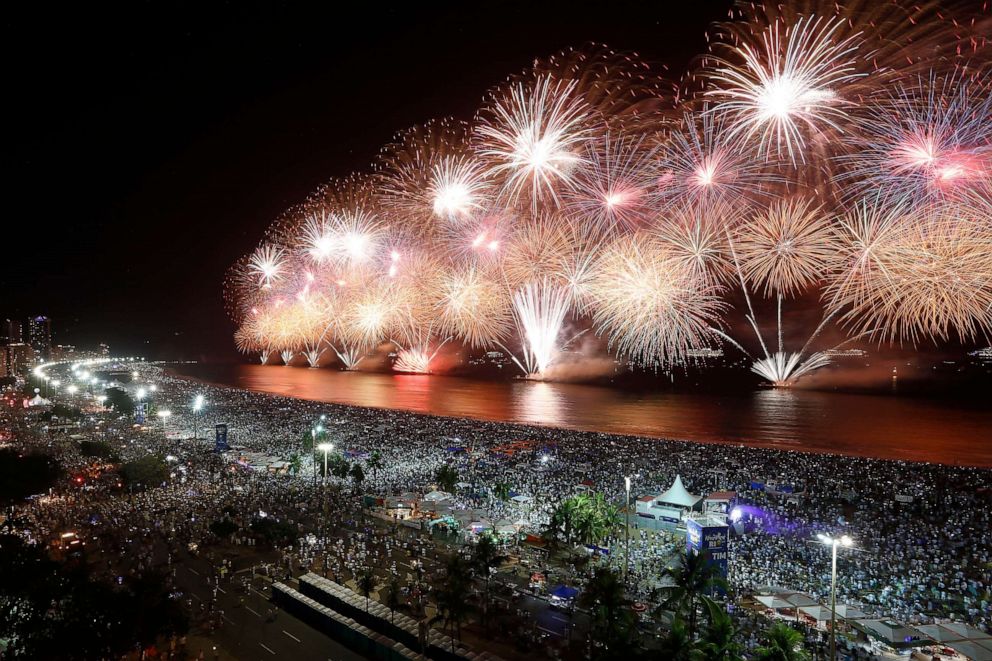 PHOTO: RIO DE JANEIRO, BRAZIL - JANUARY 01: Fireworks are seen on Copacabana beach during New Years Eve Celebration on January 1,  2020, in Rio de Janeiro, Brazil. 