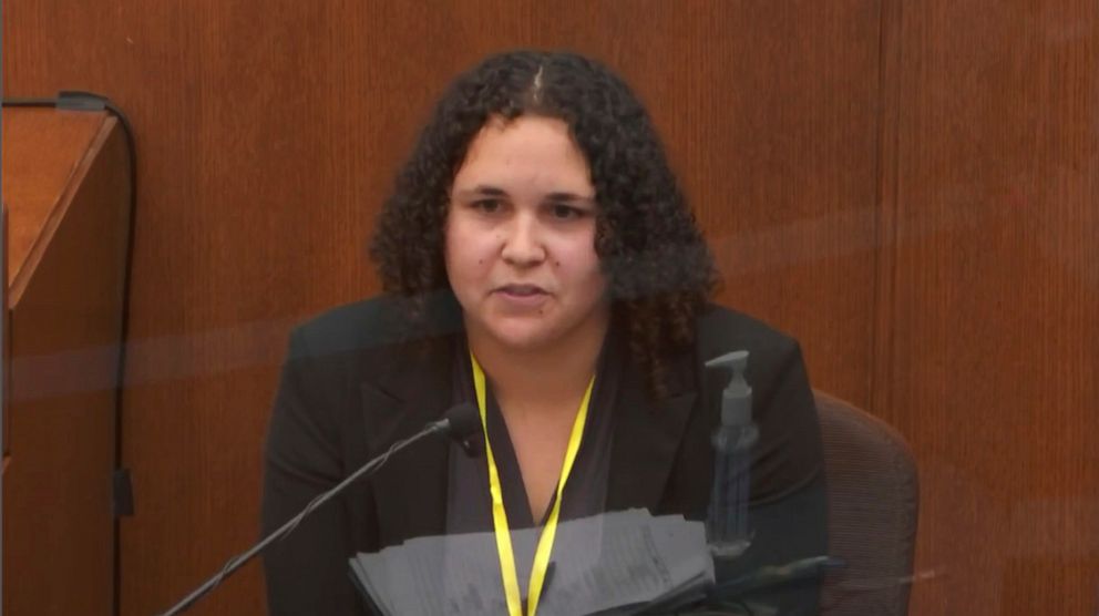 PHOTO: In this image taken from video, witness Breahna Giles, a forensic scientist with the Minnesota Bureau of Criminal Apprehension testifies on April 7, 2021, in the trial of Derek Chauvin at the Hennepin County Courthouse in Minneapolis.