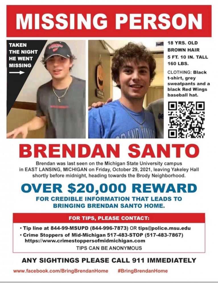 PHOTO: Brendan Santo is pictured in a missing persons flyer released by his family. Santo has been missing since Oct. 29, 2021.