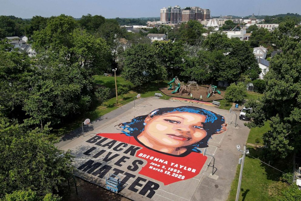 PHOTO: A ground mural depicting a portrait of Breonna Taylor is seen at Chambers Park, July 6, 2020, in Annapolis, Md. 