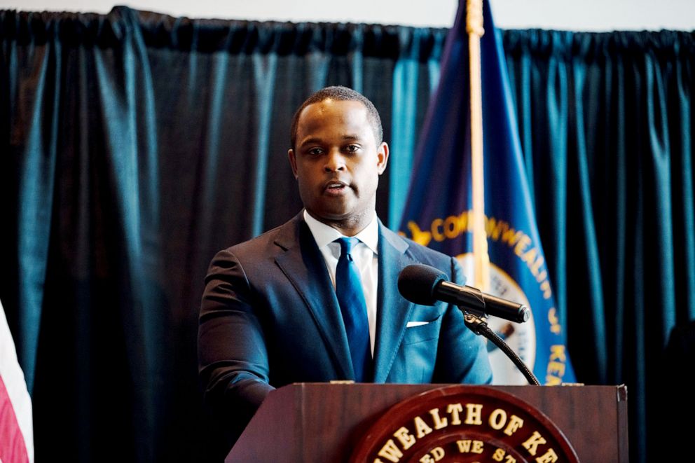 PHOTO:  Attorney General Daniel Cameron speaks during a press conference to announce a grand jury's decision to indict one of three Police Department officers involved in the shooting death of Breonna Taylor, Frankfort, Ky., Sept. 23, 2020.