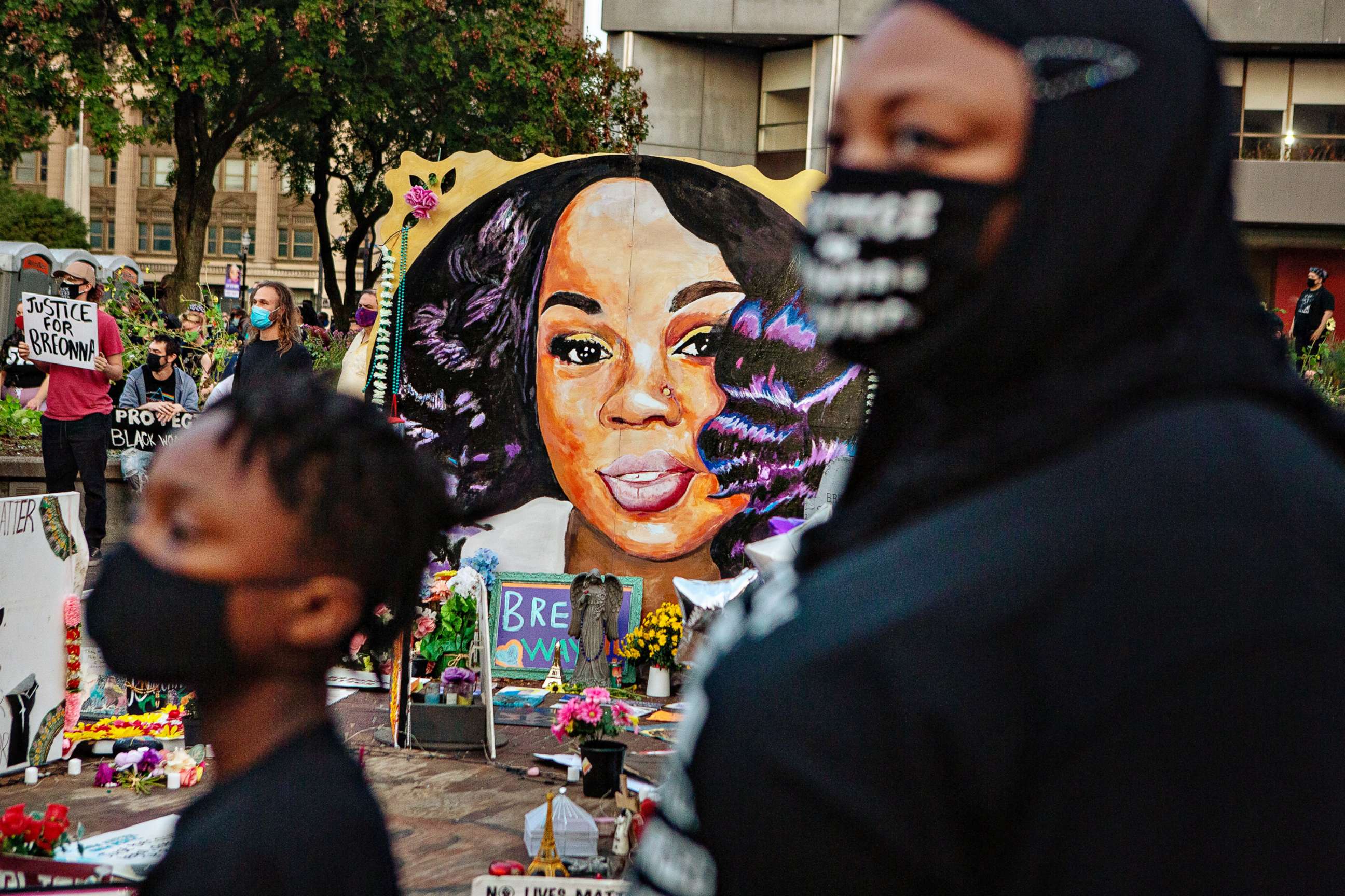 PHOTO: A portrait of Breonna Taylor is displayed during a demonstration in what is now called Injustice Square Park in downtown Louisville, Ky., Sept. 26, 2020.