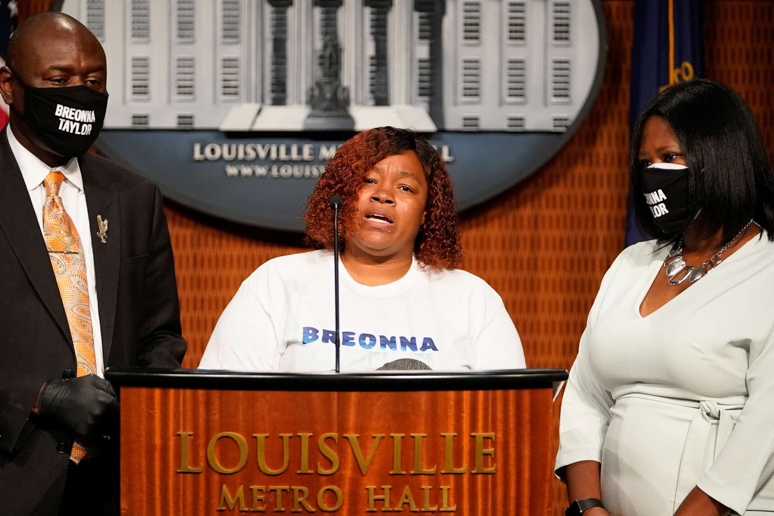 PHOTO: Tamika Palmer, the mother of Breonna Taylor, speaks during a news conference announcing a $12 million civil settlement between the estate of Breonna Taylor and the City of Lousiville, in Louisville, Kentucky, Sept. 15, 2020.