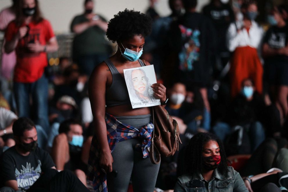 PHOTO: Members of Black Lives Matters are joined by hundreds of others during an evening protest against the Kentucky grand jury decision in the Breonna Taylor case outside of the Barclays Center, Sept. 23, 2020, in Brooklyn, New York. 