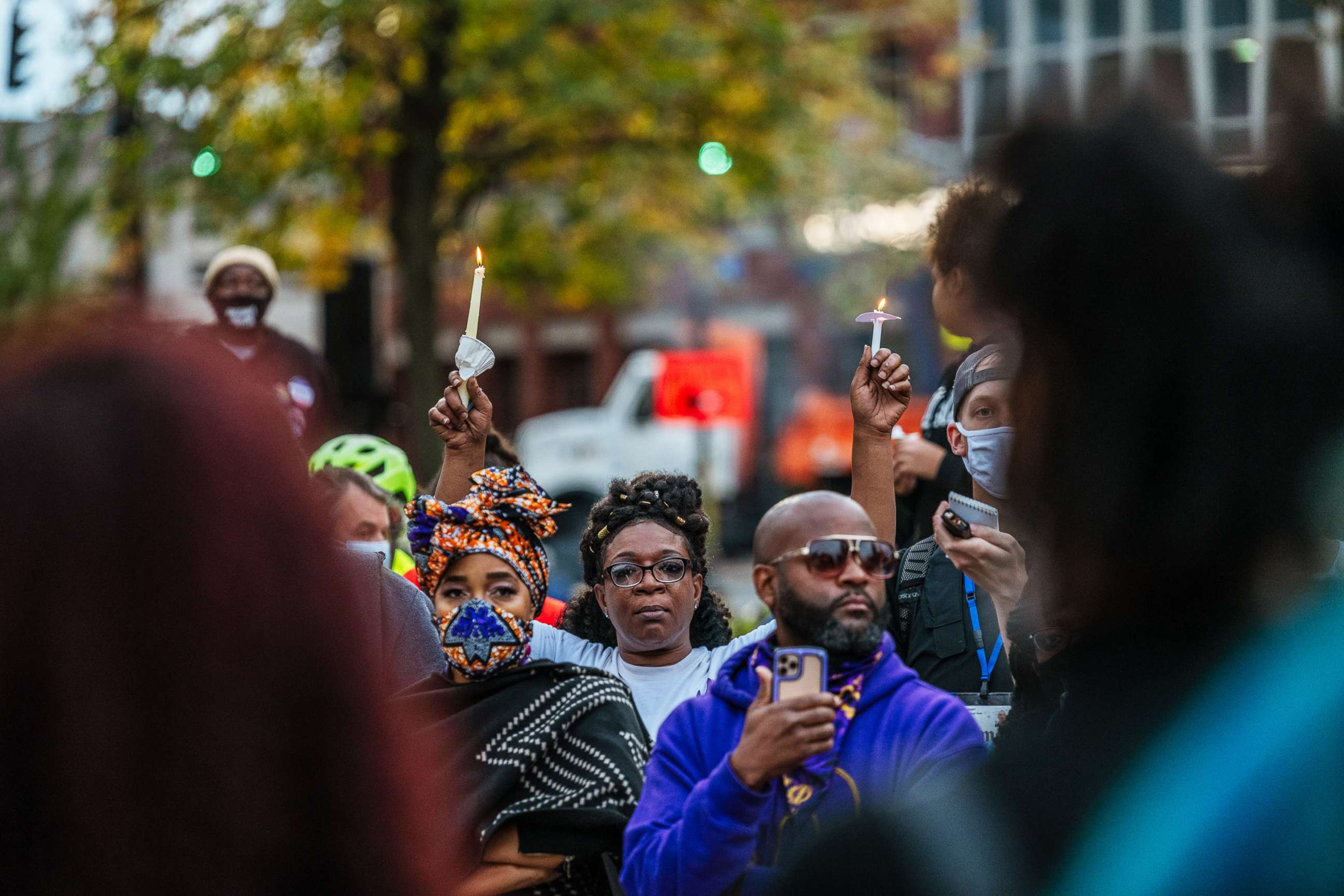 PHOTO: Demonstrators hold a candlelight vigil at the Breonna Taylor memorial at Jefferson Square Park in Louisville, Ky., Oct. 3, 2020. Jefferson Square Park remains the epicenter for Black Lives Matter protests following the killing of Breonna Taylor.