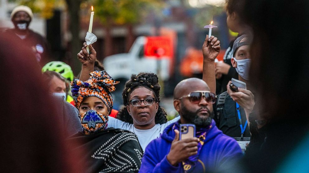 PHOTO: Demonstrators hold a candlelight vigil at the Breonna Taylor memorial at Jefferson Square Park in Louisville, Ky., Oct. 3, 2020. Jefferson Square Park remains the epicenter for Black Lives Matter protests following the killing of Breonna Taylor.