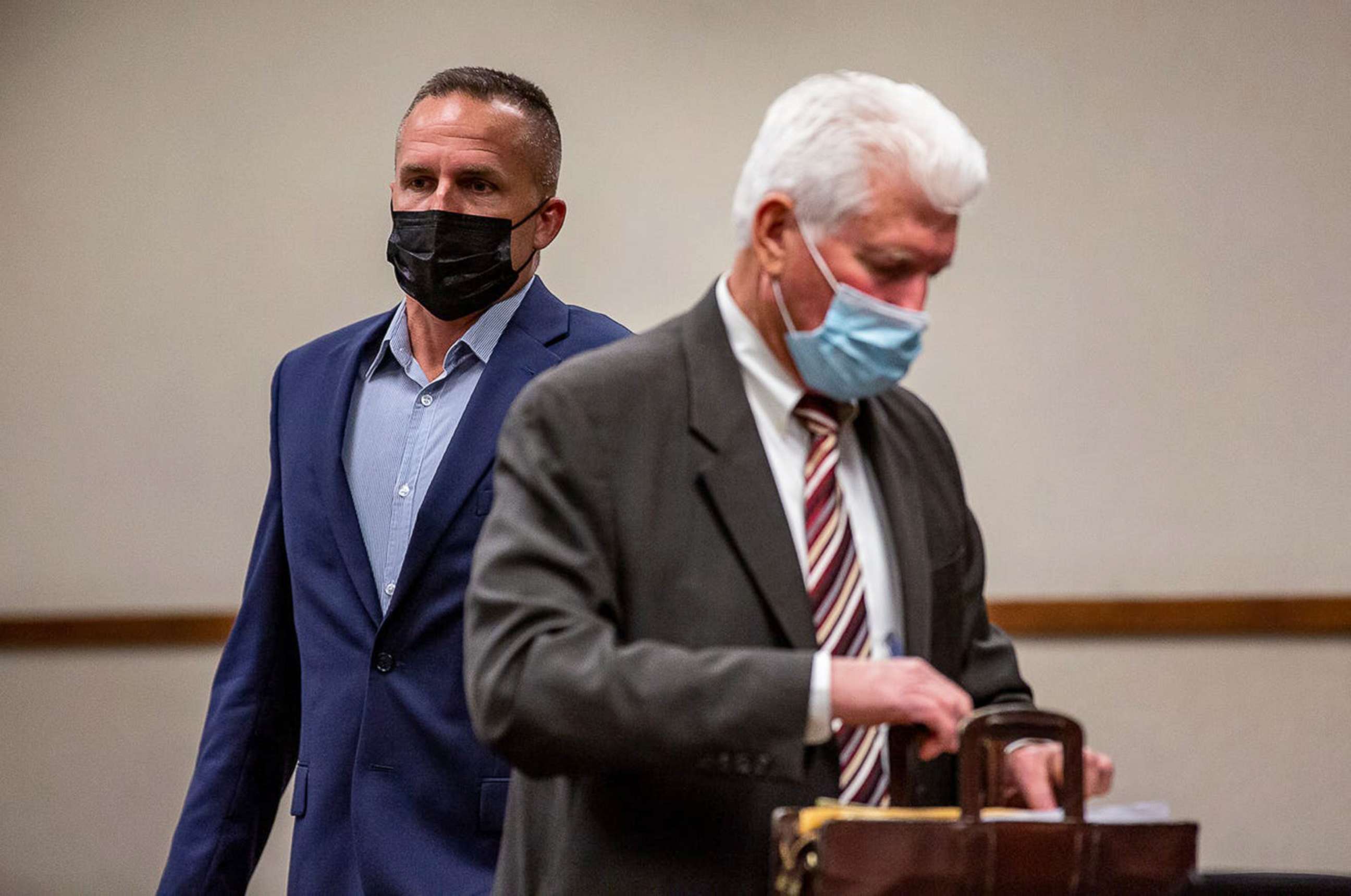 PHOTO: Former Louisville Metro Police detective Brett Hankison, left, arrives in the courtroom with his attorney Stew Mathews for a pre-trial conference on Friday, where Circuit Judge Ann Bailey Smith moved Hankison's trial to Feb. 1, 2022. April 23, 2021