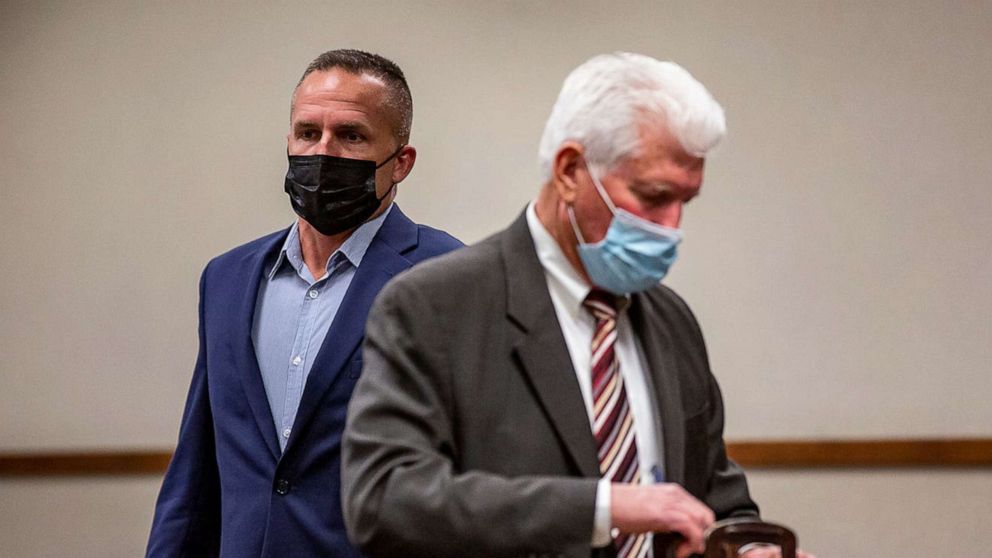 PHOTO: Former Louisville Metro Police detective Brett Hankison, left, arrives in the courtroom with his attorney Stew Mathews for a pre-trial conference on Friday, where Circuit Judge Ann Bailey Smith moved Hankison's trial to Feb. 1, 2022. April 23, 2021