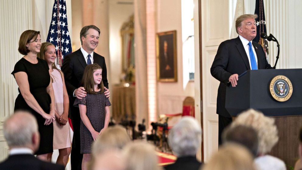 PHOTO: President Donald Trump speaks while nominating Brett Kavanaugh, as Kavanaugh's wife Ashley Estes Kavanaugh, and daughters Margaret and Liza look on during a ceremony in the White House in Washington, July 9, 2018.