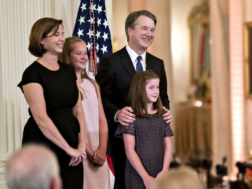 PHOTO: President Donald Trump speaks while nominating Brett Kavanaugh, as Kavanaughs wife Ashley Estes Kavanaugh, and daughters Margaret and Liza look on during a ceremony in the White House in Washington, July 9, 2018.