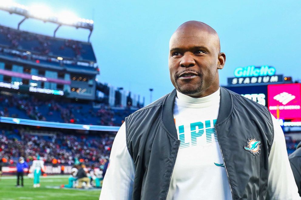 PHOTO: Head coach Brian Flores of the Miami Dolphins exits the field after a win over the New England Patriots at Gillette Stadium, December 29, 2019, in Foxborough, Mass.