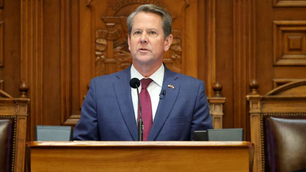 PHOTO: Georgia Gov. Brian Kemp delivers the State of the State address on the House floor of the state Capitol on Jan. 25, 2023, in Atlanta.