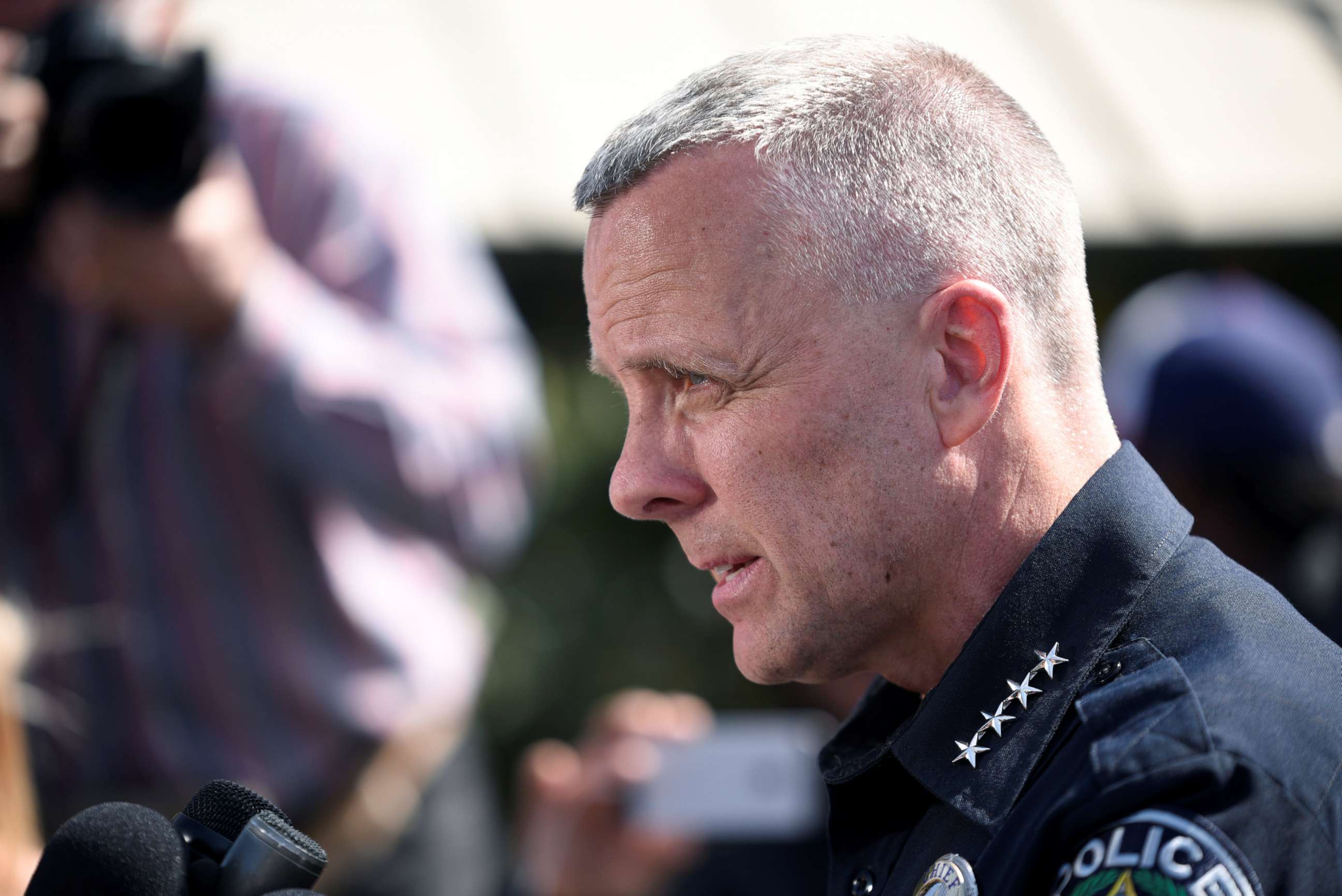 PHOTO: Austin Police chief Brian Manley speaks during a news conference near the scene where a woman was injured in a package bomb explosion in Austin, Texas, March 12, 2018. 