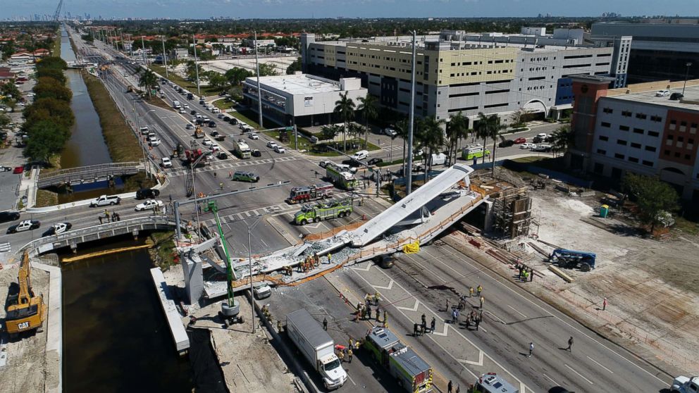 PHOTO: This photo provided by DroneBase shows the collapsed pedestrian bridge at Florida International University in Miami, March 15, 2018. 