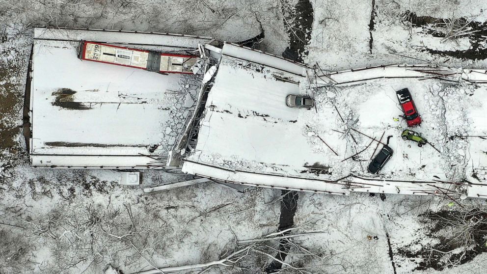PHOTO: A view of the Fern Hollow Bridge in Pittsburgh that collapsed Friday morning, Jan. 28, 2022.