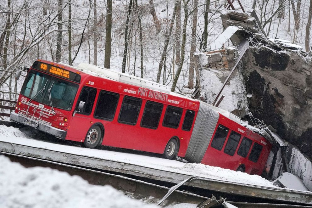 PHOTO: A Port Authority bus is seen on a bridge that collapsed in Pittsburgh, Jan. 28, 2022.