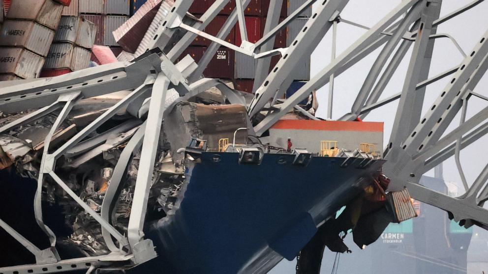 PHOTO: A view of the Dali cargo vessel on March 27, 2024 which crashed yesterday into the Francis Scott Key Bridge causing it to collapse in Baltimore.