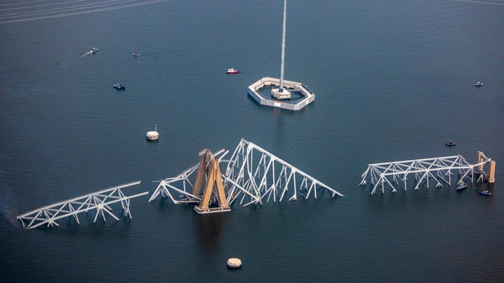 PHOTO: In an aerial view, cargo ship Dali is seen after running into and collapsing the Francis Scott Key Bridge on March 26, 2024 in Baltimore.