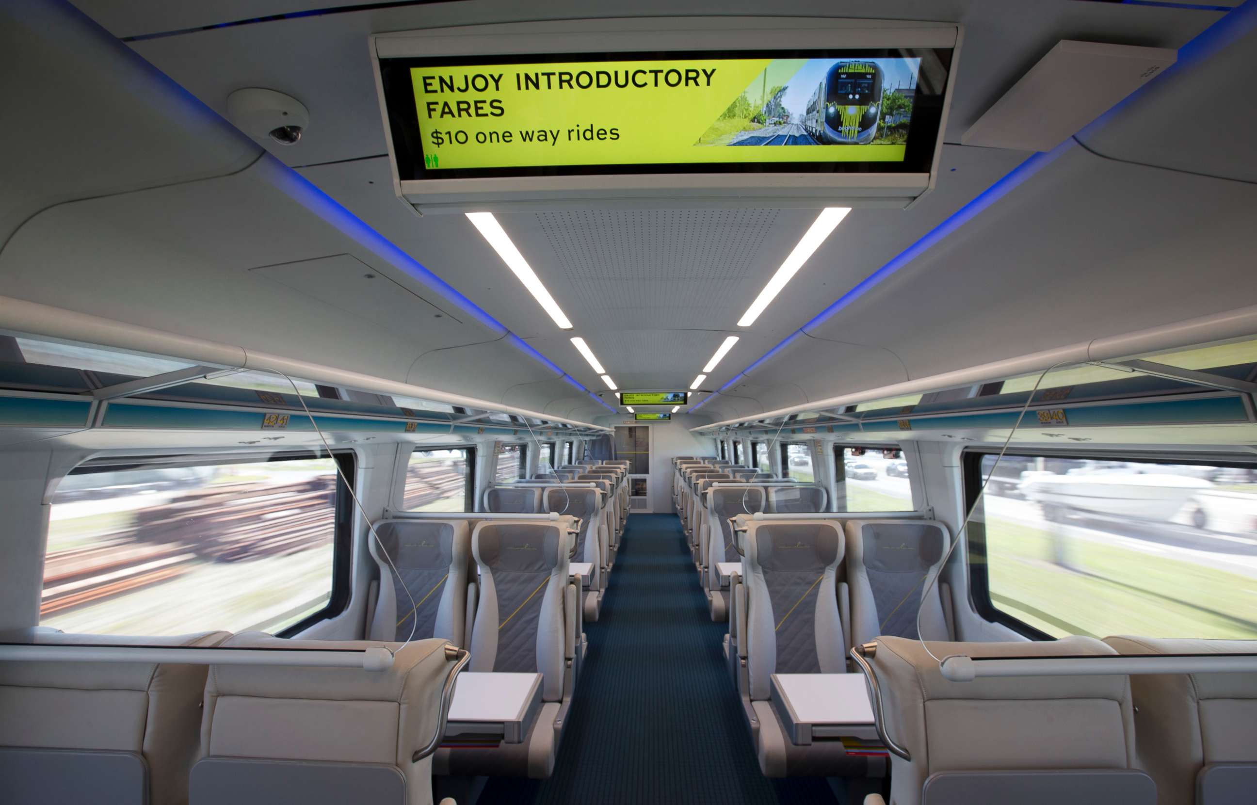 PHOTO: One of the passenger compartments of a Brightline train is shown as the train heads to Fort Lauderdale, Fla., Jan. 11, 2018, near West Palm Beach, Fla.