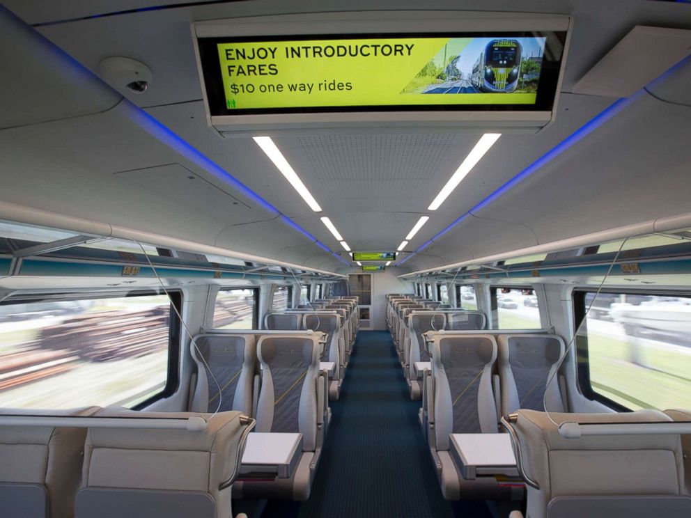 PHOTO: One of the passenger compartments of a Brightline train is shown as the train heads to Fort Lauderdale, Fla., Jan. 11, 2018, near West Palm Beach, Fla.
