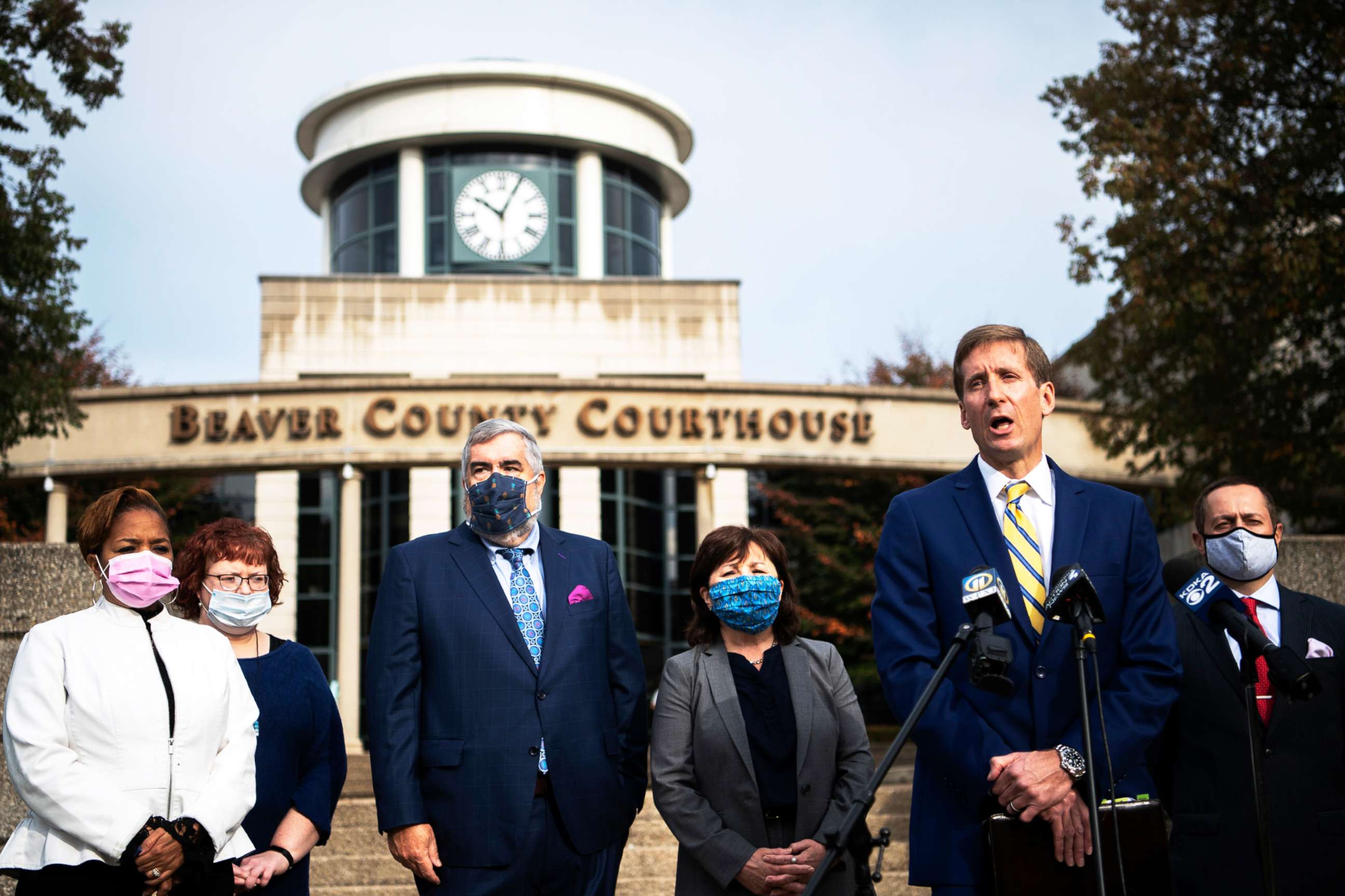 PHOTO: Rob Peirce speaks during a news conference about a lawsuit filed against Brighton Rehabilitation and Wellness Center for its response to the Covid-19 outbreaks in the facility in Beaver, Pa., Oct. 21, 2020.