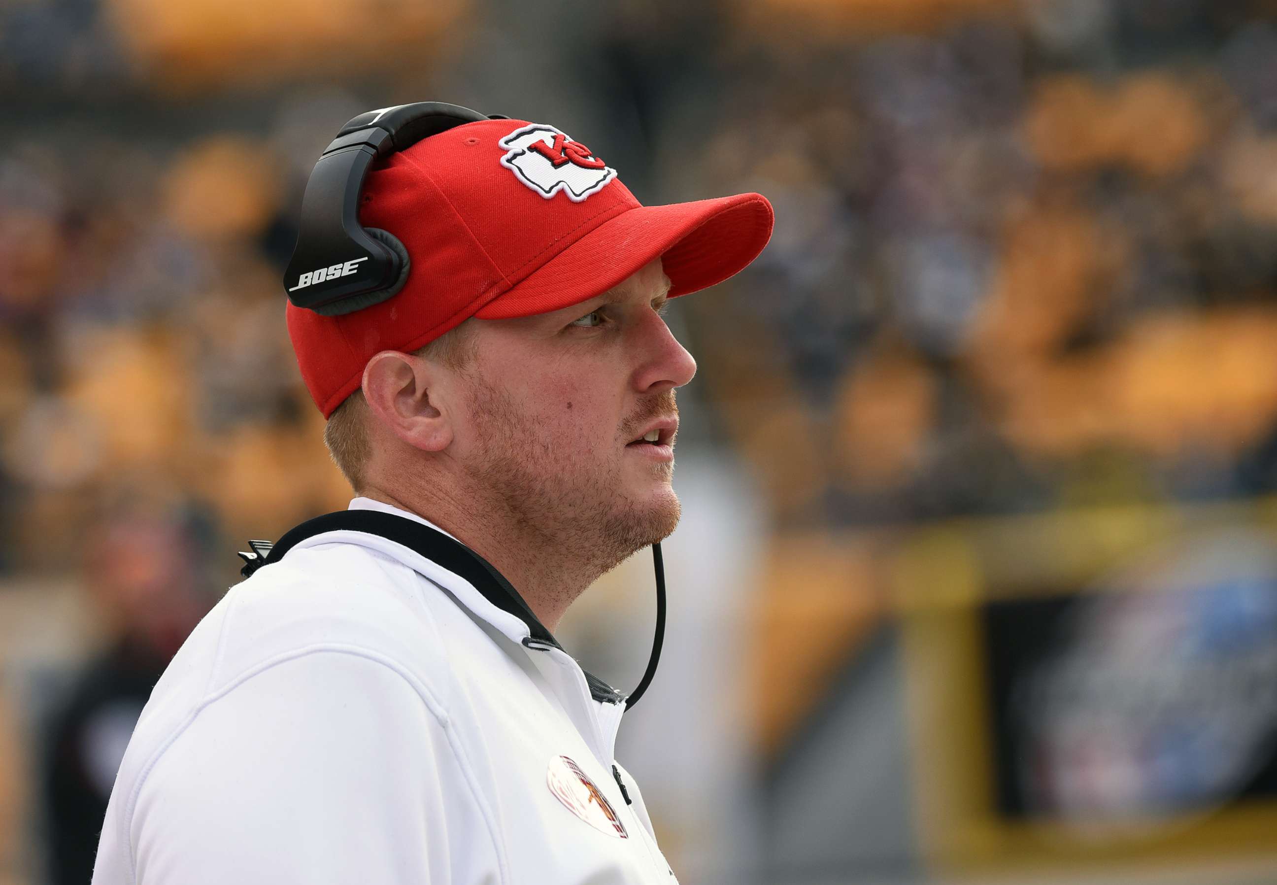 PHOTO: Quality control coach Britt Reid of the Kansas City Chiefs looks on from the sideline before a game against the Pittsburgh Steelers at Heinz Field, Dec. 21, 2014, in Pittsburgh, Pa.  