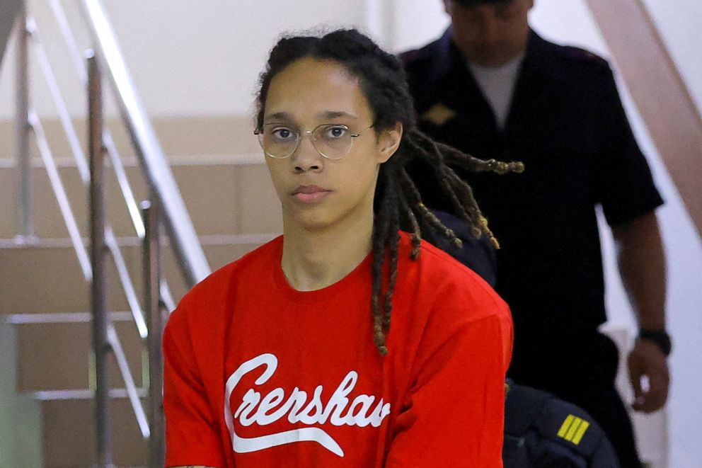 PHOTO: U.S. basketball player Brittney Griner is escorted before a court hearing in Khimki, Russia July 7, 2022.