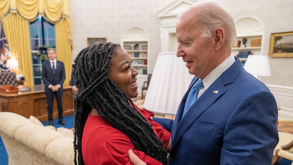 PHOTO: President Joe Biden hugs Cherelle Griner in the Oval Office, after the release of her wife, basketball player Brittney Griner by Russia, in Washington, Dec. 8, 2022.