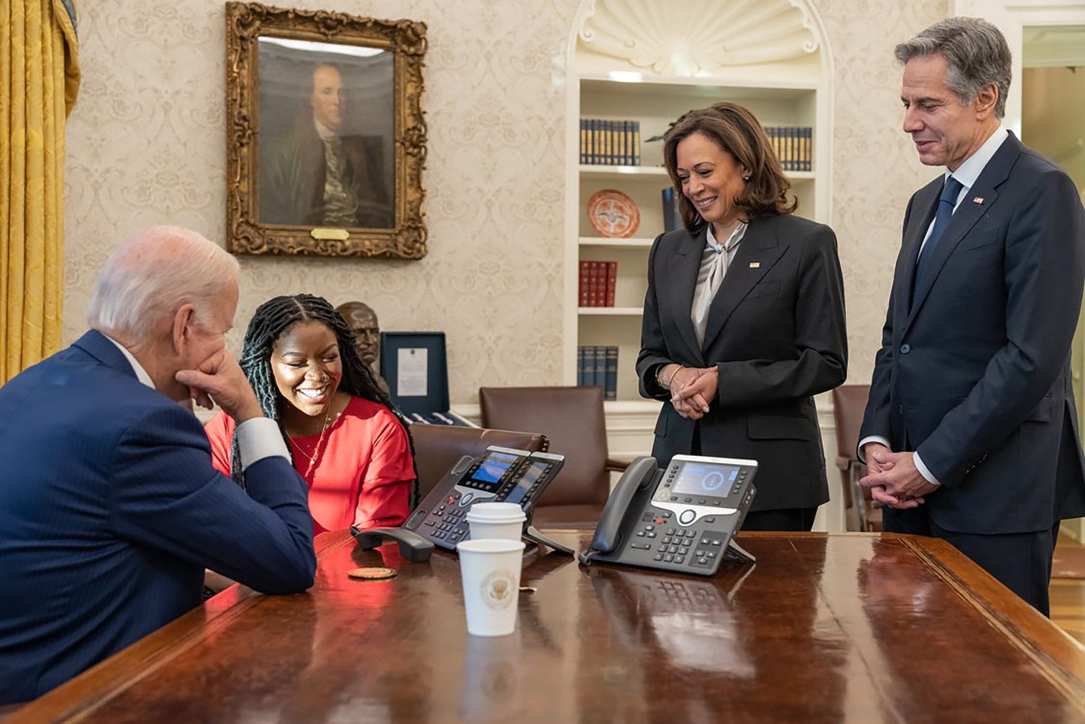 PHOTO: President Joe Biden and Cherelle Griner speak on the phone with basketball player Brittney Griner after her release by Russia as Vice President Kamala Harris and Secretary of State Antony Blinken listen, in Washington, Dec. 8, 2022.