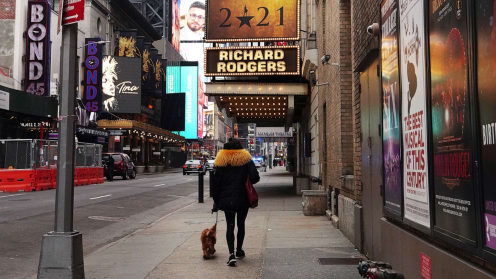 PHOTO: A woman walks her dog down a New York street near Times Square with closed theaters including the Richard Rodgers Theatre, Jan. 15, 2021, in New York City.