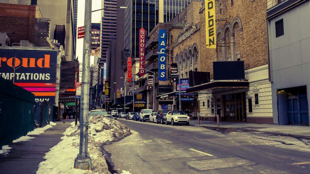 PHOTO: Broadway theaters sit closed in New York during the COVID-19 pandemic, Feb. 14, 2021.