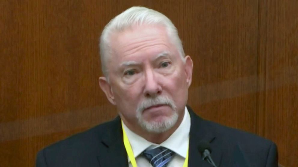 PHOTO: In this image from video, Barry Brodd, a use of force expert testifies, April 13, 2021, in the trial of former Minneapolis police Officer Derek Chauvin at the Hennepin County Courthouse in Minneapolis.