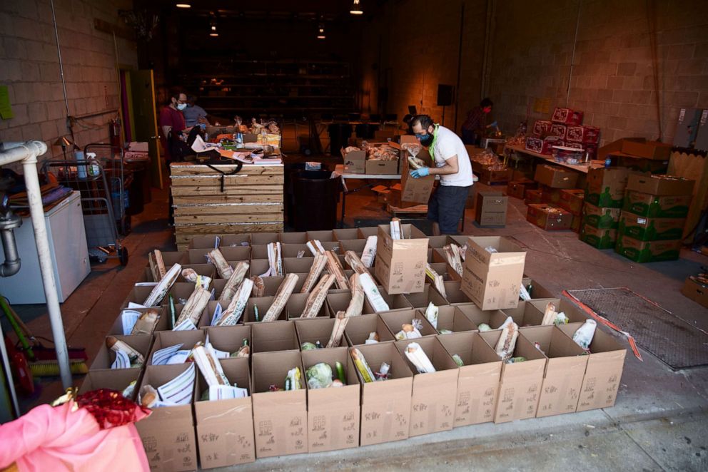 PHOTO: Boxes of food wait to be distributed by volunteers with South Brooklyn Mutual Aid, in Brooklyn, New York, May 2, 2020.