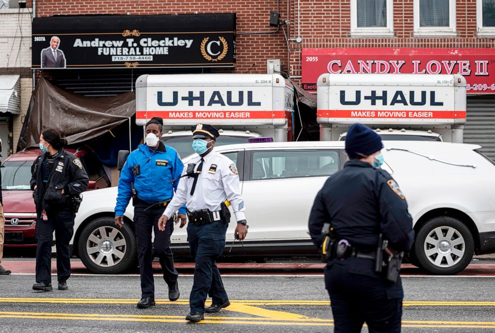 PHOTO: Police stand outside the Andrew T. Cleckley Funeral Home in Brooklyn, New York, April 30, 2020.