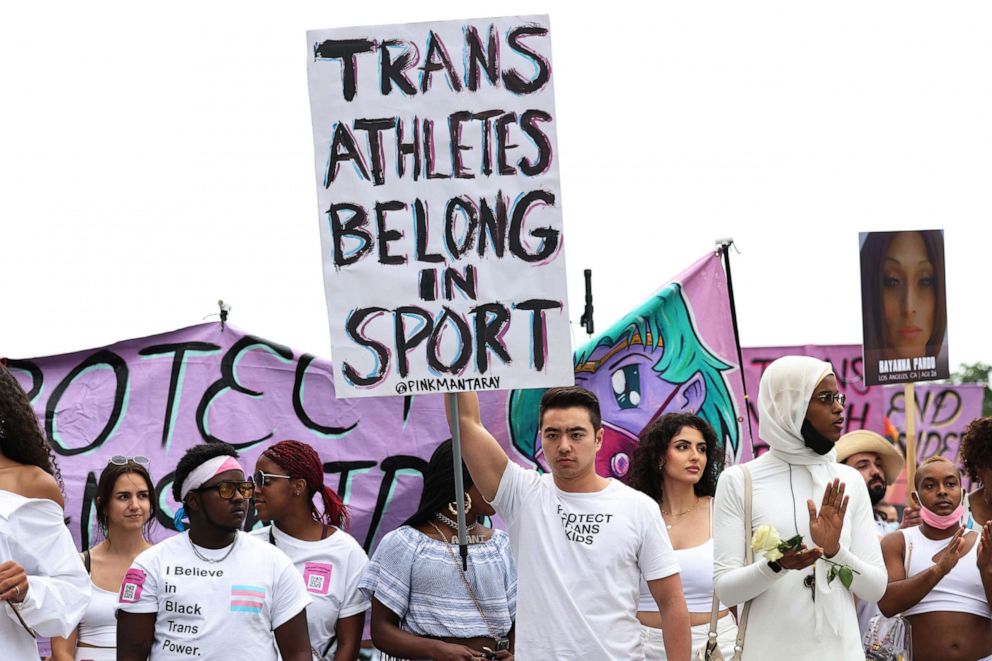 PHOTO: Parade marshals prepare to march during the Brooklyn Liberation's Protect Trans Youth event at the Brooklyn Museum in New York City, June 13, 2021.