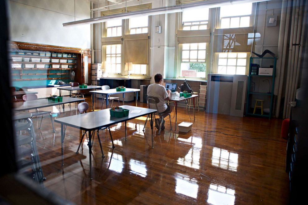 PHOTO: Desks have been spaced out for a smaller number of students in each classroom at a  Brooklyn public school as staff prepare to welcome students back after the COVID-19 pandemic forced the March closure of schools in New York City, Sept 14, 2020.