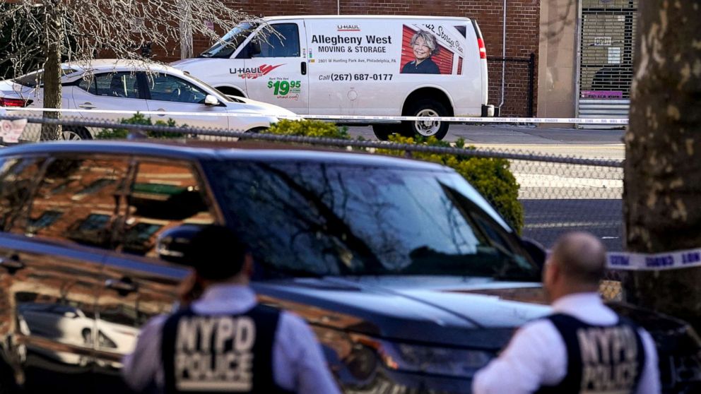 PHOTO: Emergency personnel form a perimeter around a U-Haul van during an ongoing investigation in Brooklyn, N.Y., on April 12, 2022.
